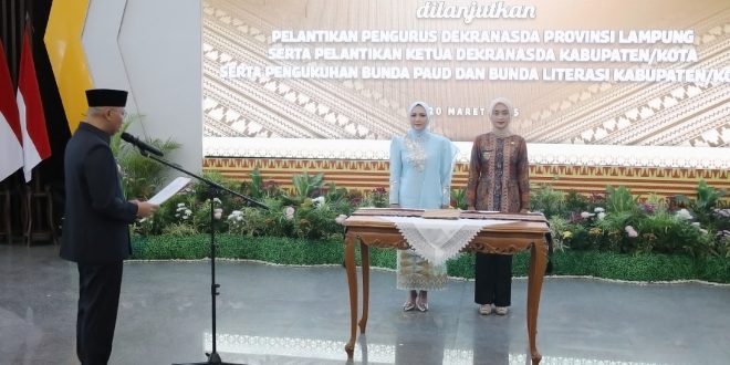 Gubernur Mirza Kukuhkan Purnama Wulan Sari sebagai Bunda PAUD dan Bunda Literasi Provinsi Lampung dan Jihan Nurlela sebagai Duta Baca Provinsi Lampung